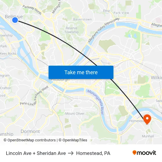 Lincoln Ave + Sheridan Ave to Homestead, PA map
