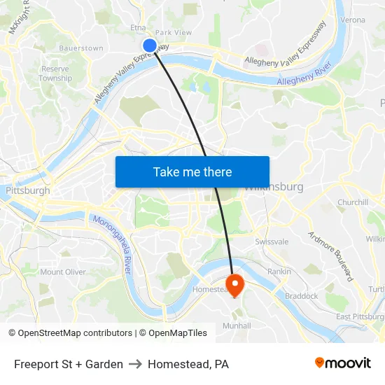 Freeport St + Garden to Homestead, PA map