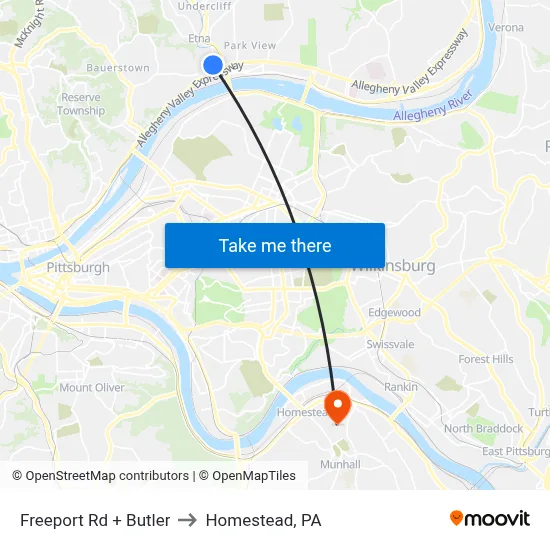 Freeport Rd + Butler to Homestead, PA map