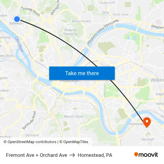 Fremont Ave + Orchard Ave to Homestead, PA map