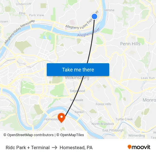 Ridc Park + Terminal to Homestead, PA map
