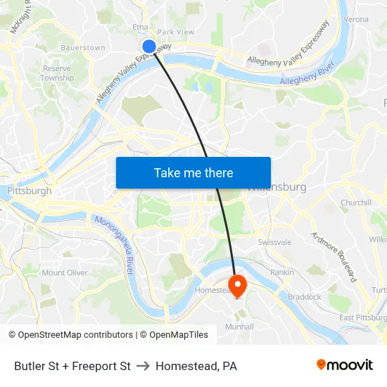 Butler St + Freeport St to Homestead, PA map