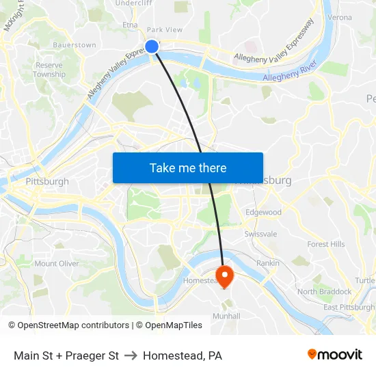 Main St + Praeger St to Homestead, PA map