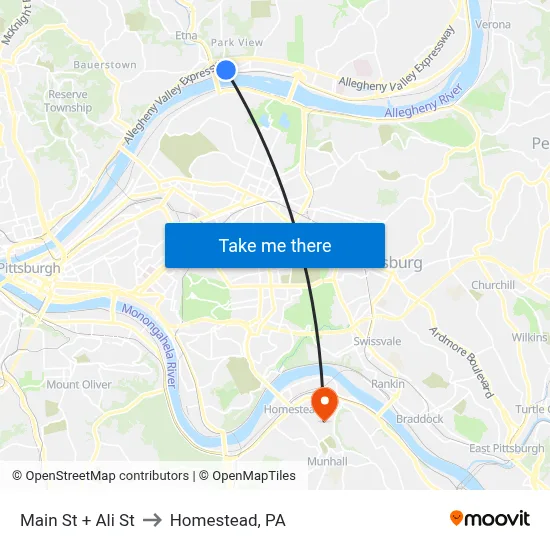 Main St + Ali St to Homestead, PA map