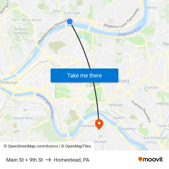 Main St + 9th St to Homestead, PA map