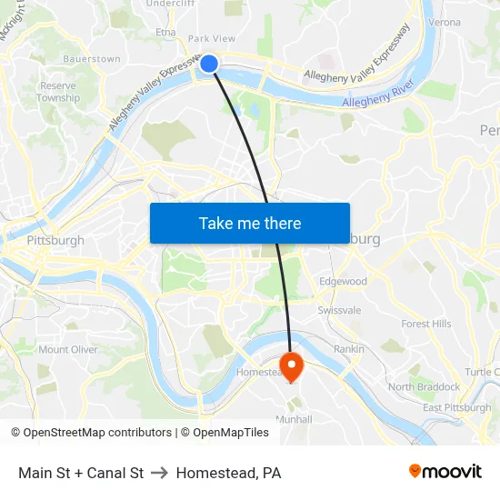 Main St + Canal St to Homestead, PA map