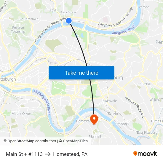 Main St + #1113 to Homestead, PA map