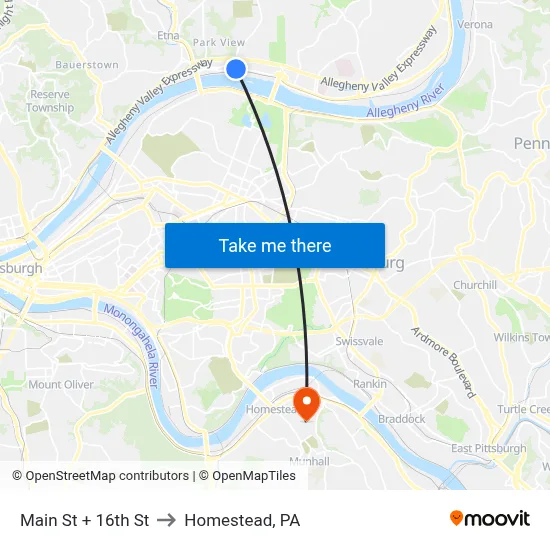 Main St + 16th St to Homestead, PA map