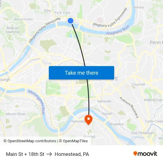 Main St + 18th St to Homestead, PA map