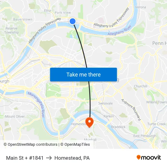 Main St + #1841 to Homestead, PA map