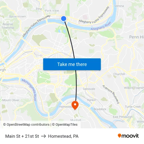 Main St + 21st St to Homestead, PA map