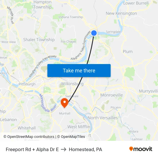 Freeport Rd + Alpha Dr E to Homestead, PA map