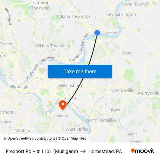 Freeport Rd + # 1101 (Mulligans) to Homestead, PA map