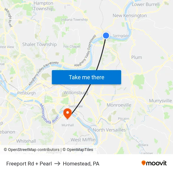 Freeport Rd + Pearl to Homestead, PA map