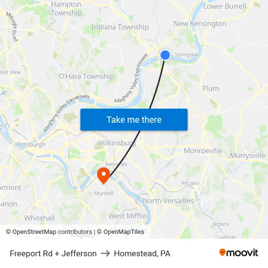 Freeport Rd + Jefferson to Homestead, PA map