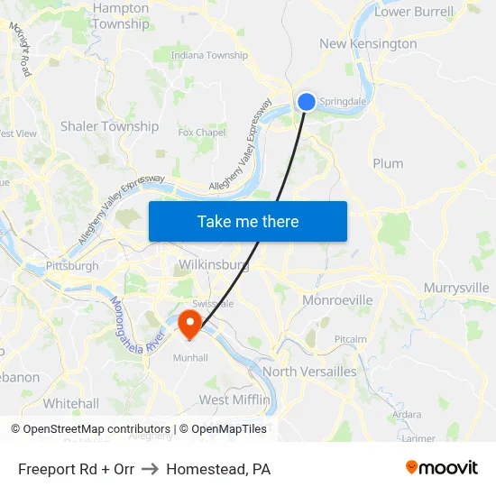 Freeport Rd + Orr to Homestead, PA map