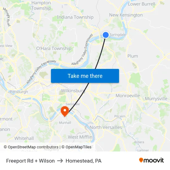 Freeport Rd + Wilson to Homestead, PA map