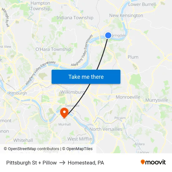 Pittsburgh St + Pillow to Homestead, PA map
