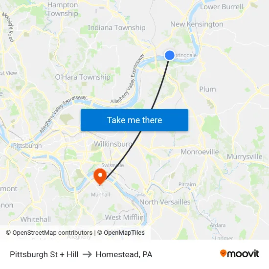 Pittsburgh St + Hill to Homestead, PA map