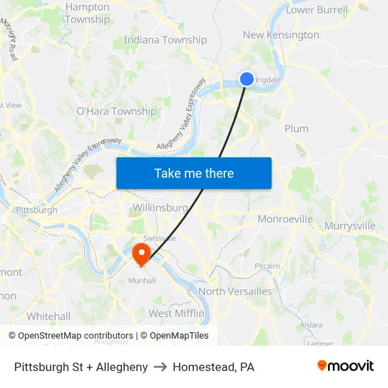 Pittsburgh St + Allegheny to Homestead, PA map