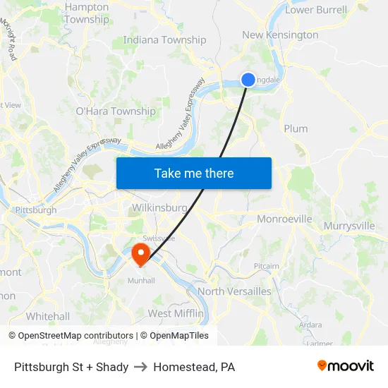 Pittsburgh St + Shady to Homestead, PA map