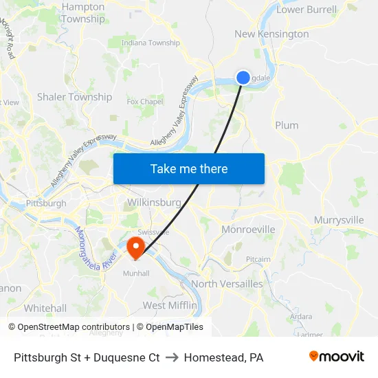 Pittsburgh St + Duquesne Ct to Homestead, PA map