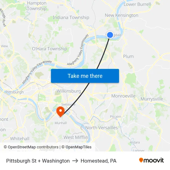 Pittsburgh St + Washington to Homestead, PA map
