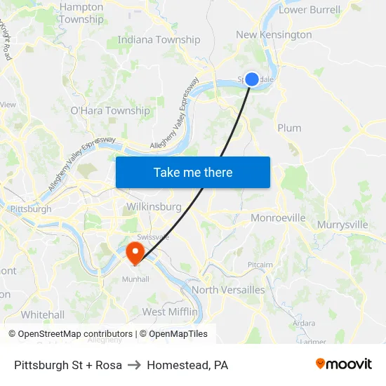 Pittsburgh St + Rosa to Homestead, PA map