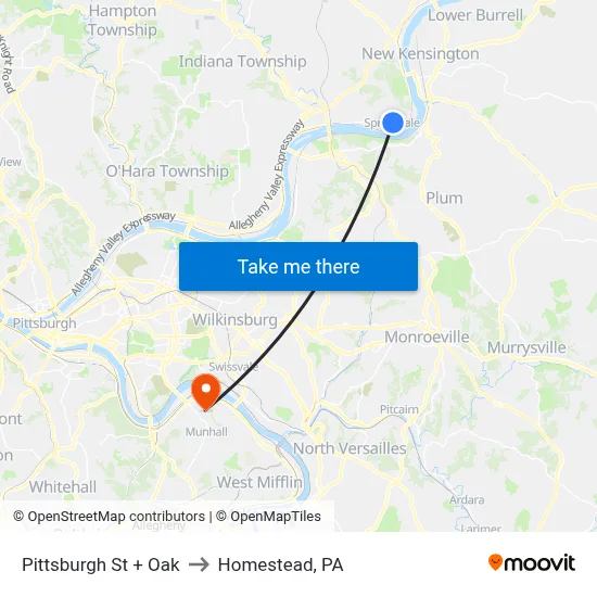 Pittsburgh St + Oak to Homestead, PA map