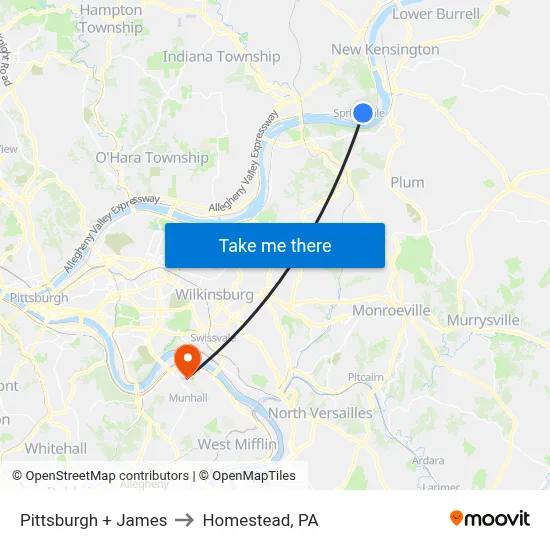 Pittsburgh + James to Homestead, PA map