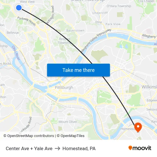 Center Ave + Yale Ave to Homestead, PA map