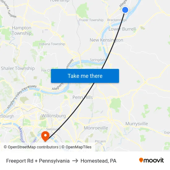 Freeport Rd + Pennsylvania to Homestead, PA map