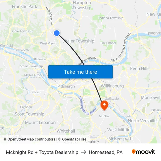 Mcknight Rd + Toyota Dealership to Homestead, PA map