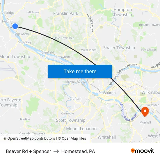 Beaver Rd + Spencer to Homestead, PA map