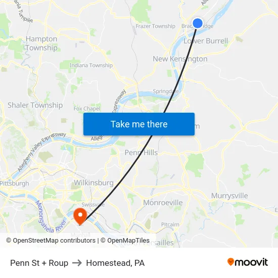 Penn St + Roup to Homestead, PA map