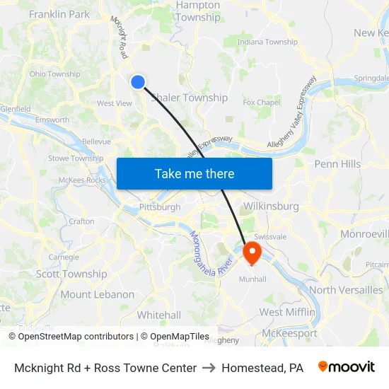 Mcknight Rd + Ross Towne Center to Homestead, PA map