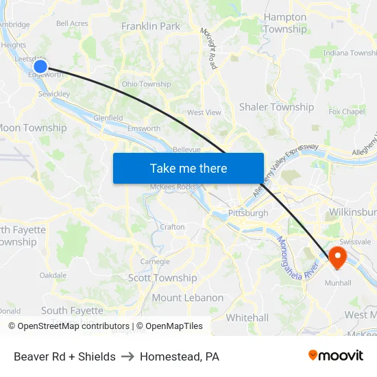 Beaver Rd + Shields to Homestead, PA map