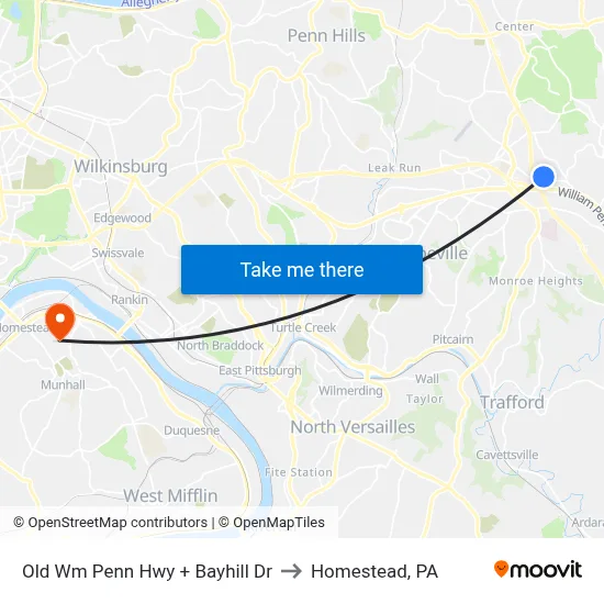 Old Wm Penn Hwy + Bayhill Dr to Homestead, PA map