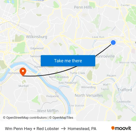 Wm Penn Hwy + Red Lobster to Homestead, PA map
