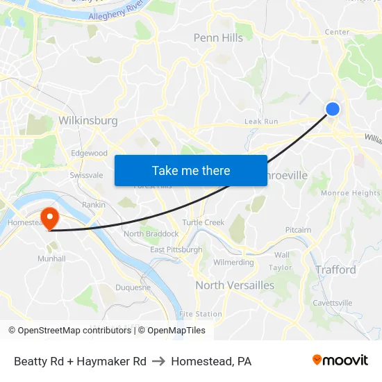 Beatty Rd + Haymaker Rd to Homestead, PA map