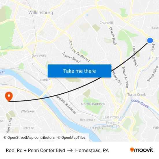 Rodi Rd + Penn Center Blvd to Homestead, PA map