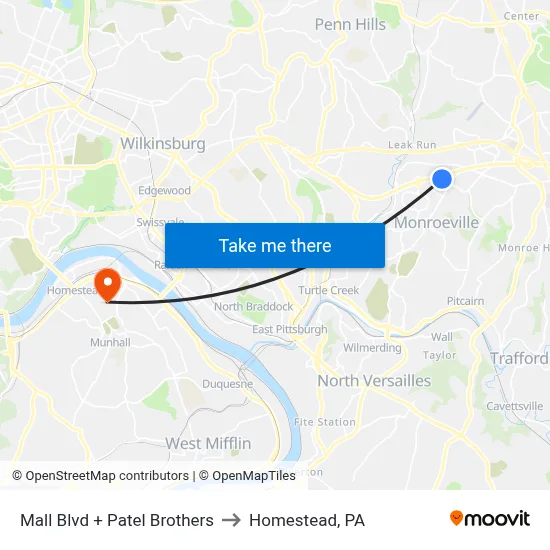 Mall Blvd + Patel Brothers to Homestead, PA map