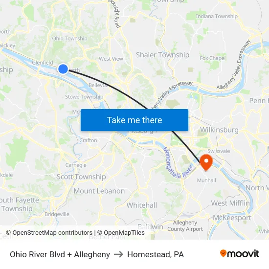 Ohio River Blvd + Allegheny to Homestead, PA map