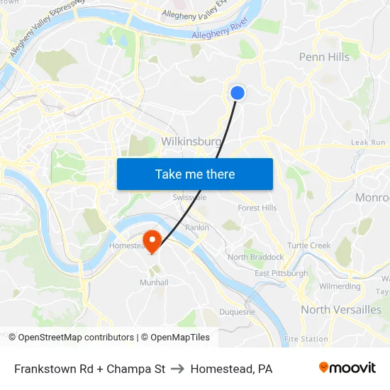 Frankstown Rd + Champa St to Homestead, PA map