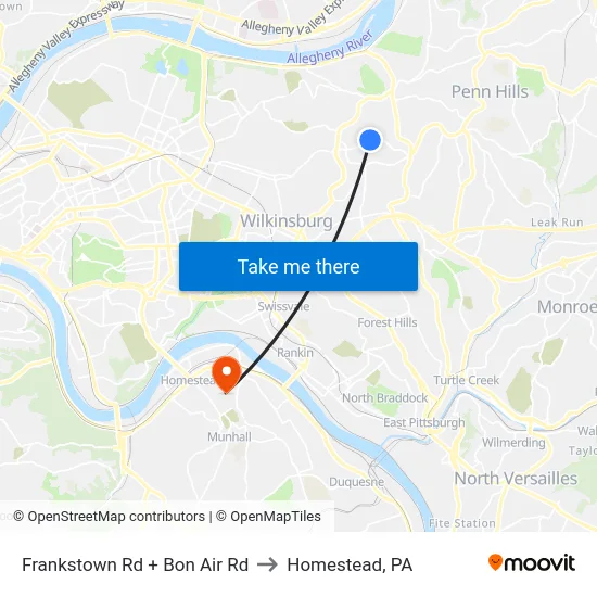 Frankstown Rd + Bon Air Rd to Homestead, PA map