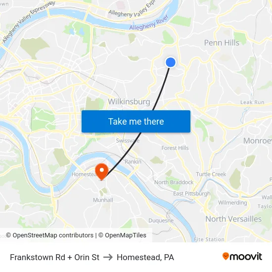 Frankstown Rd + Orin St to Homestead, PA map