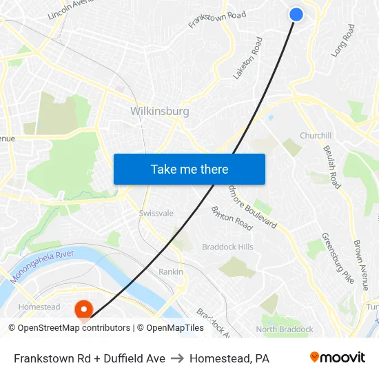 Frankstown Rd + Duffield Ave to Homestead, PA map