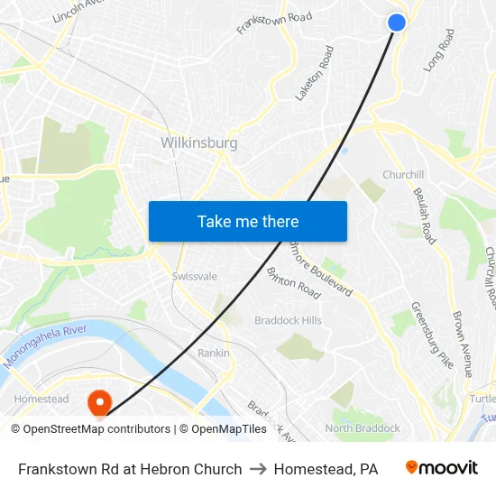 Frankstown Rd at Hebron Church to Homestead, PA map