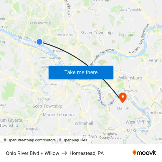 Ohio River Blvd + Willow to Homestead, PA map