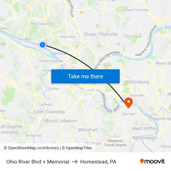 Ohio River Blvd + Memorial to Homestead, PA map